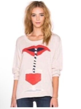 Wildfox Cream Graphic Lip & Stripe Crewneck Sweater